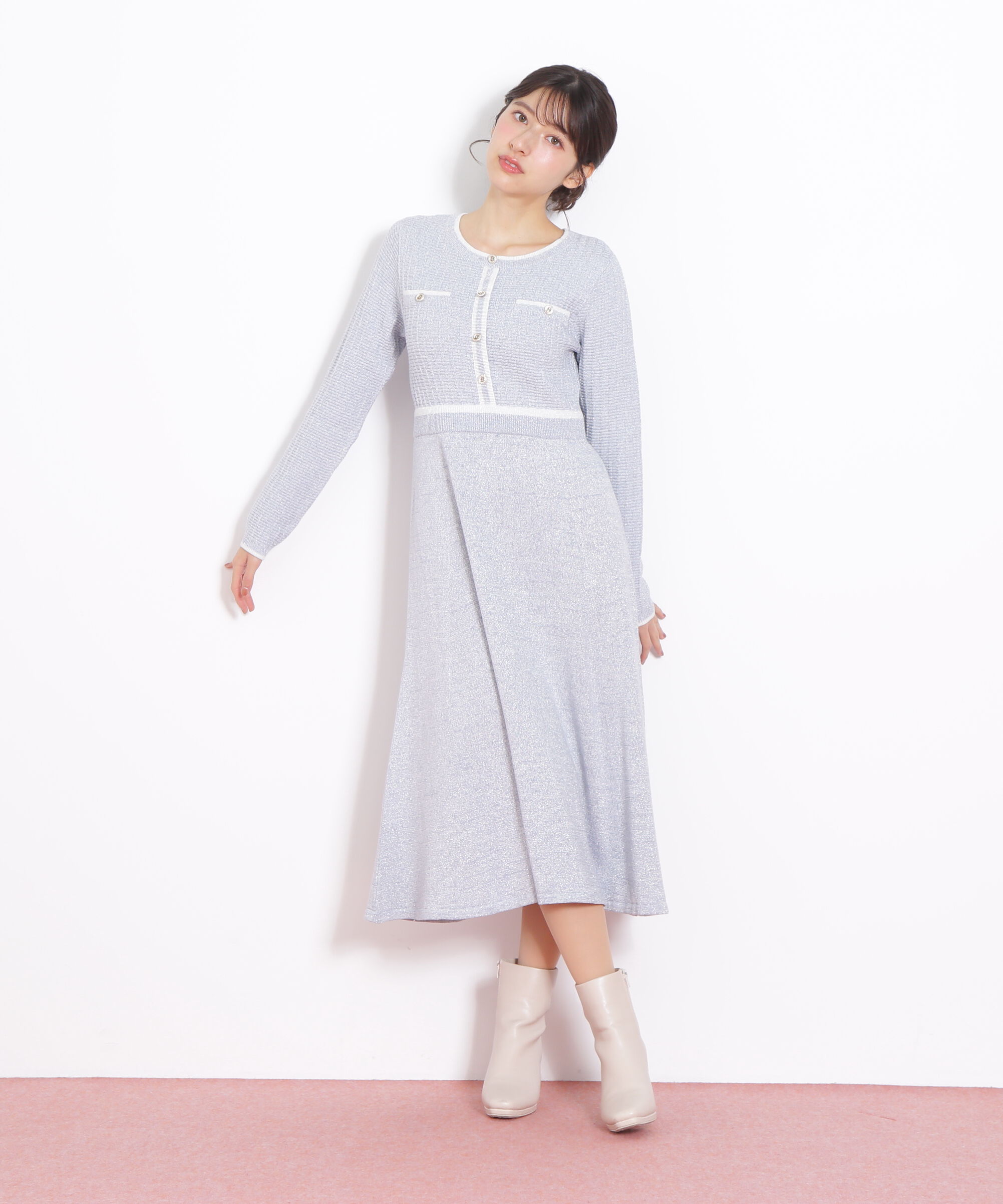  「ラメツイード配色ニットワンピース」|ワンピース|