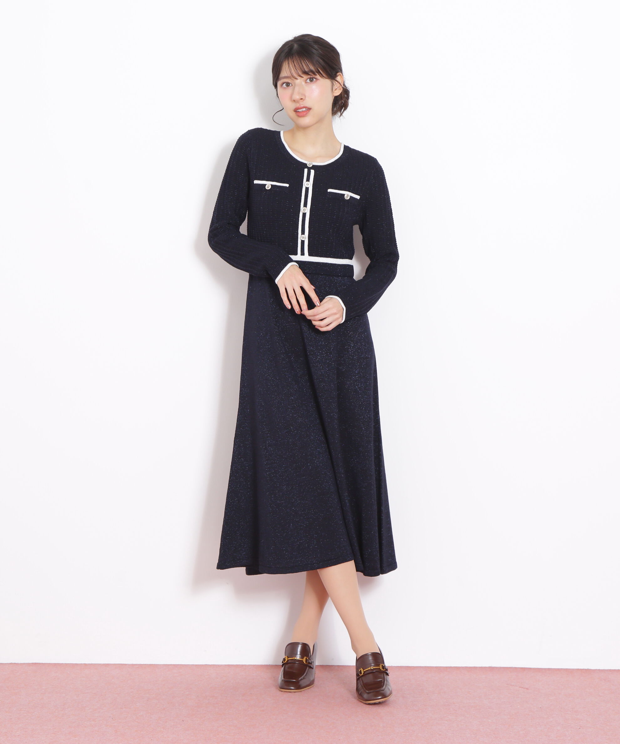  「ラメツイード配色ニットワンピース」|ワンピース|