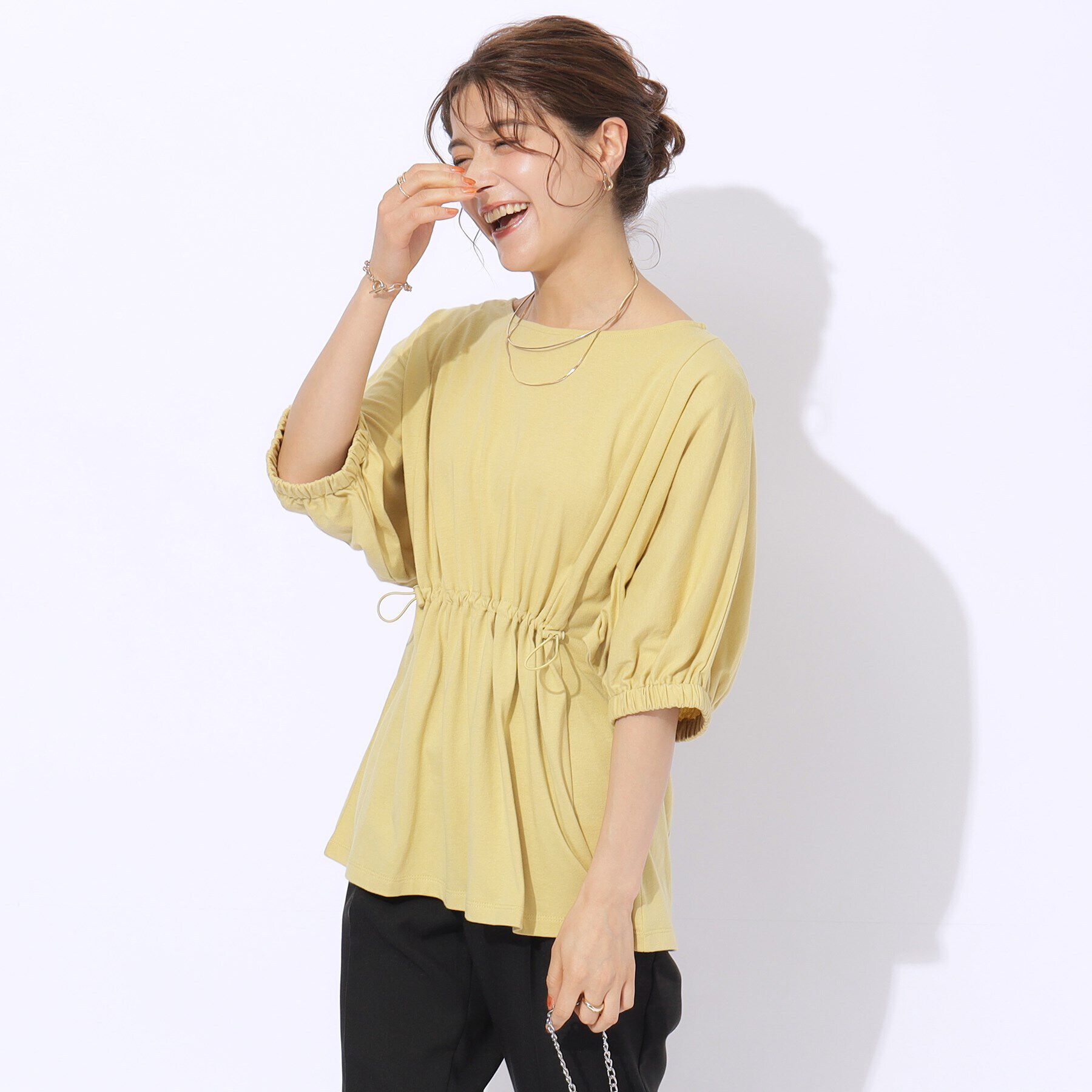 SHOO･LA･RUE「【洗える】ウエスト調節可能 ドロスト5分袖トップス」|Tシャツ・カットソー|