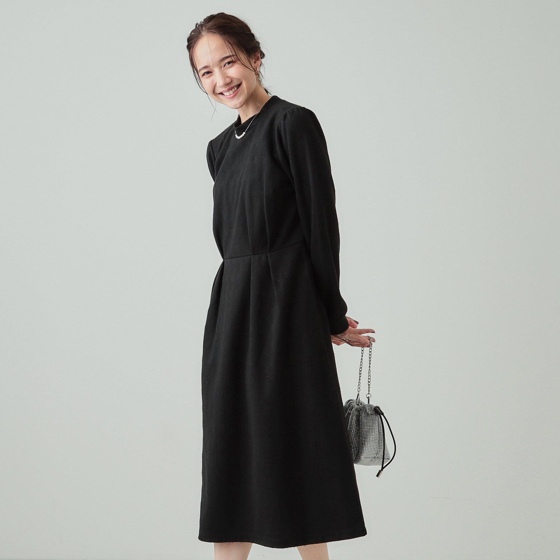 SHOO･LA･RUE「【S-LL】チェック柄 ウエストタックワンピース」|ワンピース|ブラック(219)