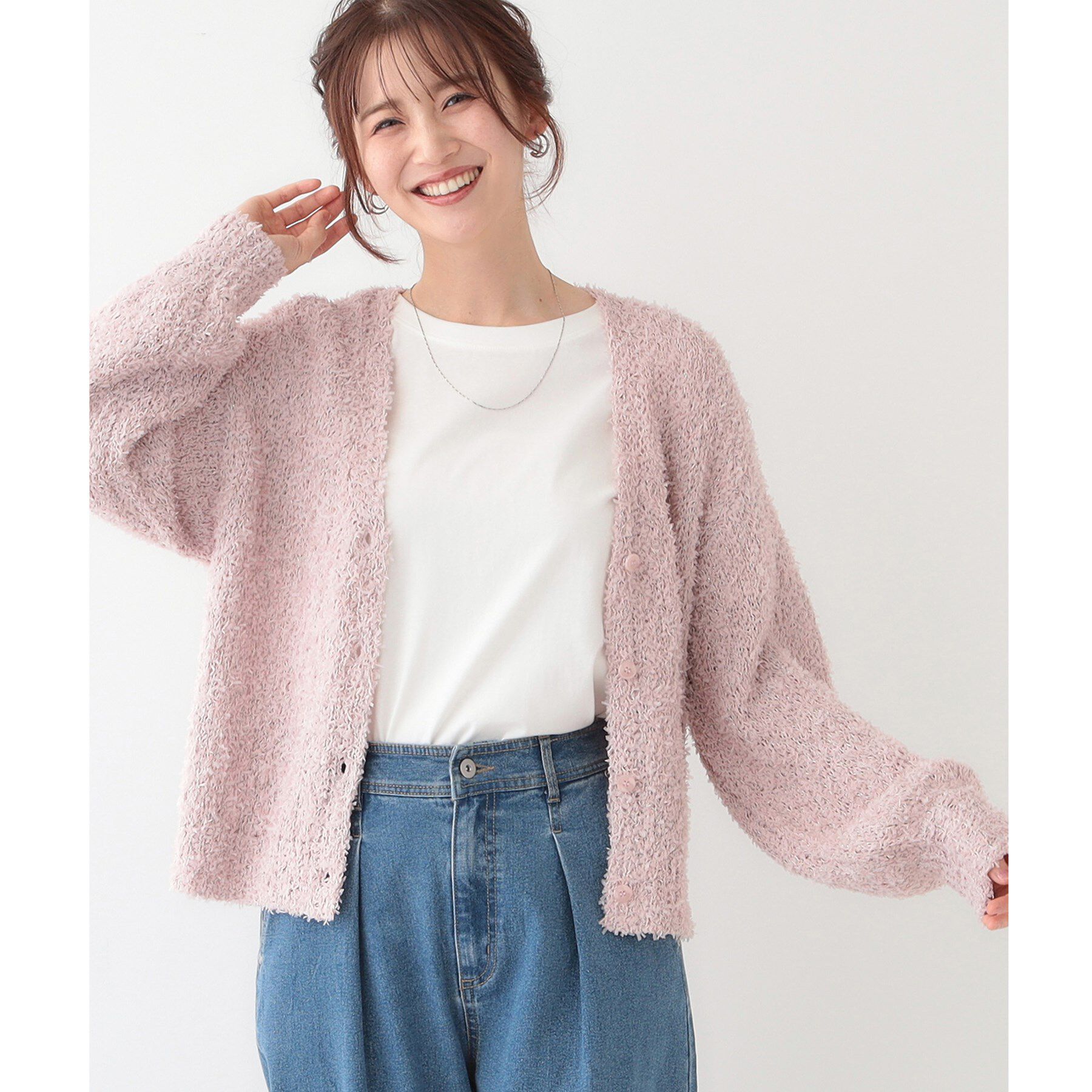 SHOO･LA･RUE「【S-LL】ふわふわ軽やかラメニットカーディガン」|カーディガン|ライトピンク(070