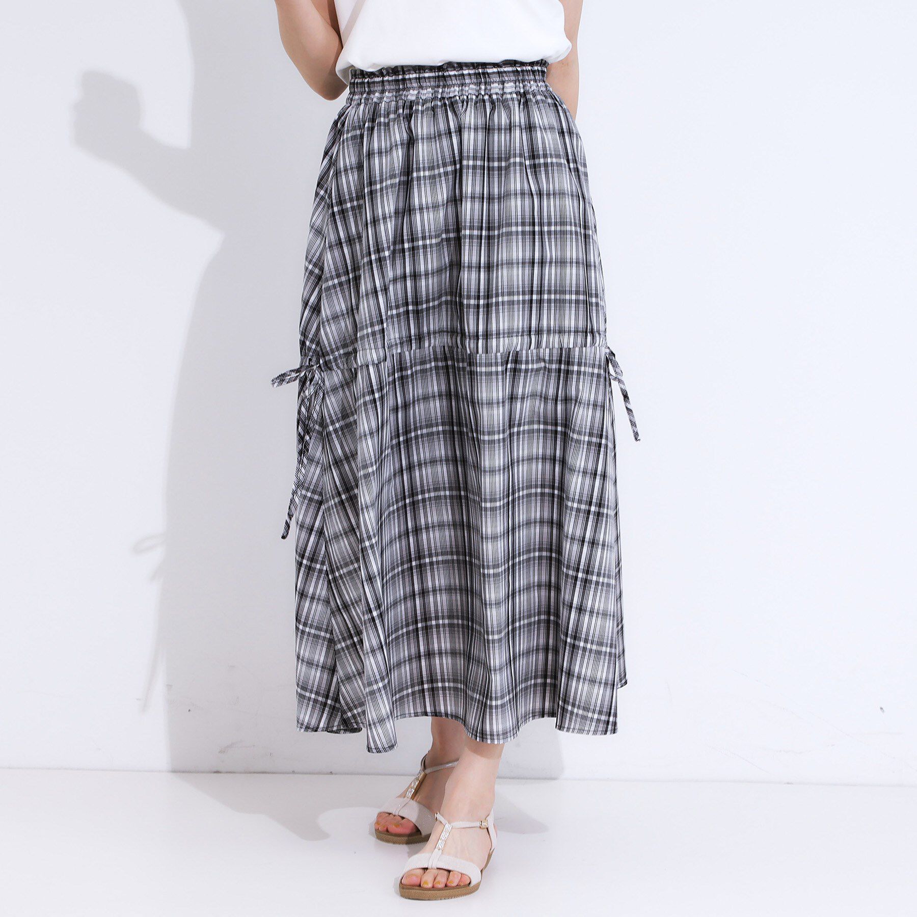 SHOO･LA･RUE「【S-LL】シルエットが変えられる チェック柄リボンフレアスカート」|スカート|
