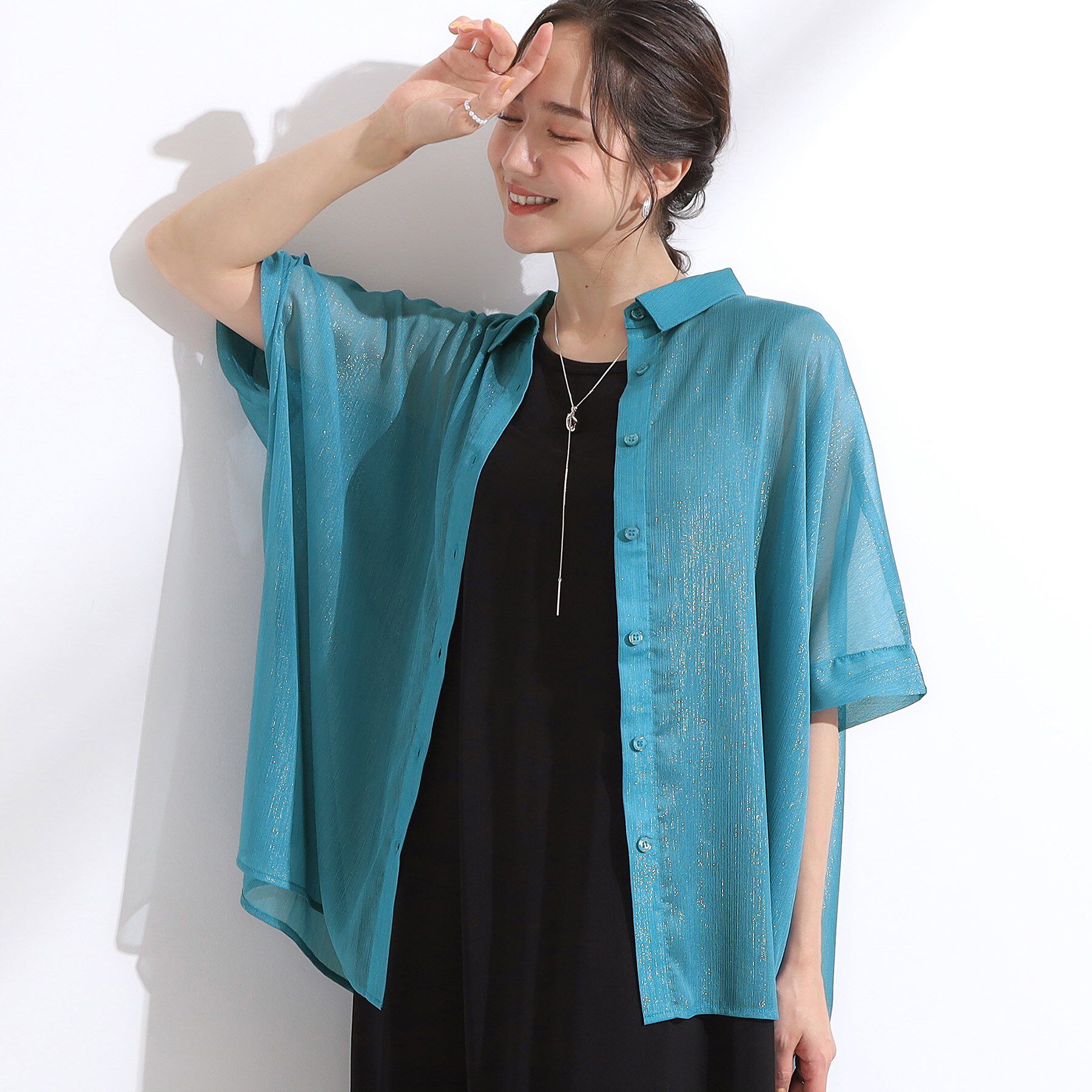 SHOO･LA･RUE「大人のシアー感 ラメが華やかな楊柳ポンチョシャツ」|シャツ・ブラウス|ブルー(092)