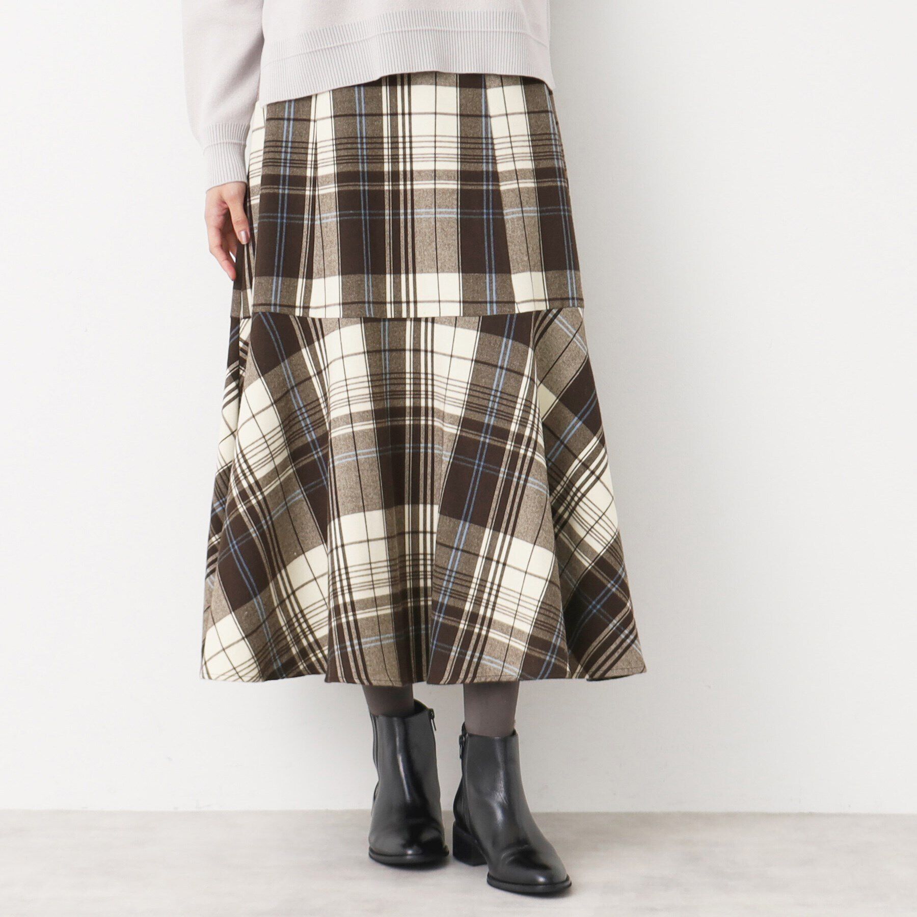 Dessin「【後ろゴム・洗える】起毛チェック柄切り替えフレアスカート（XS～L）」|スカート|