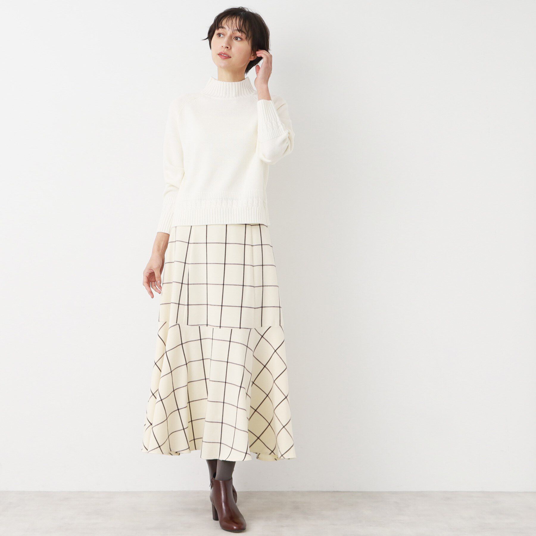 Dessin「【後ろゴム・洗える】起毛チェック柄切り替えフレアスカート（XS～L）」|スカート|