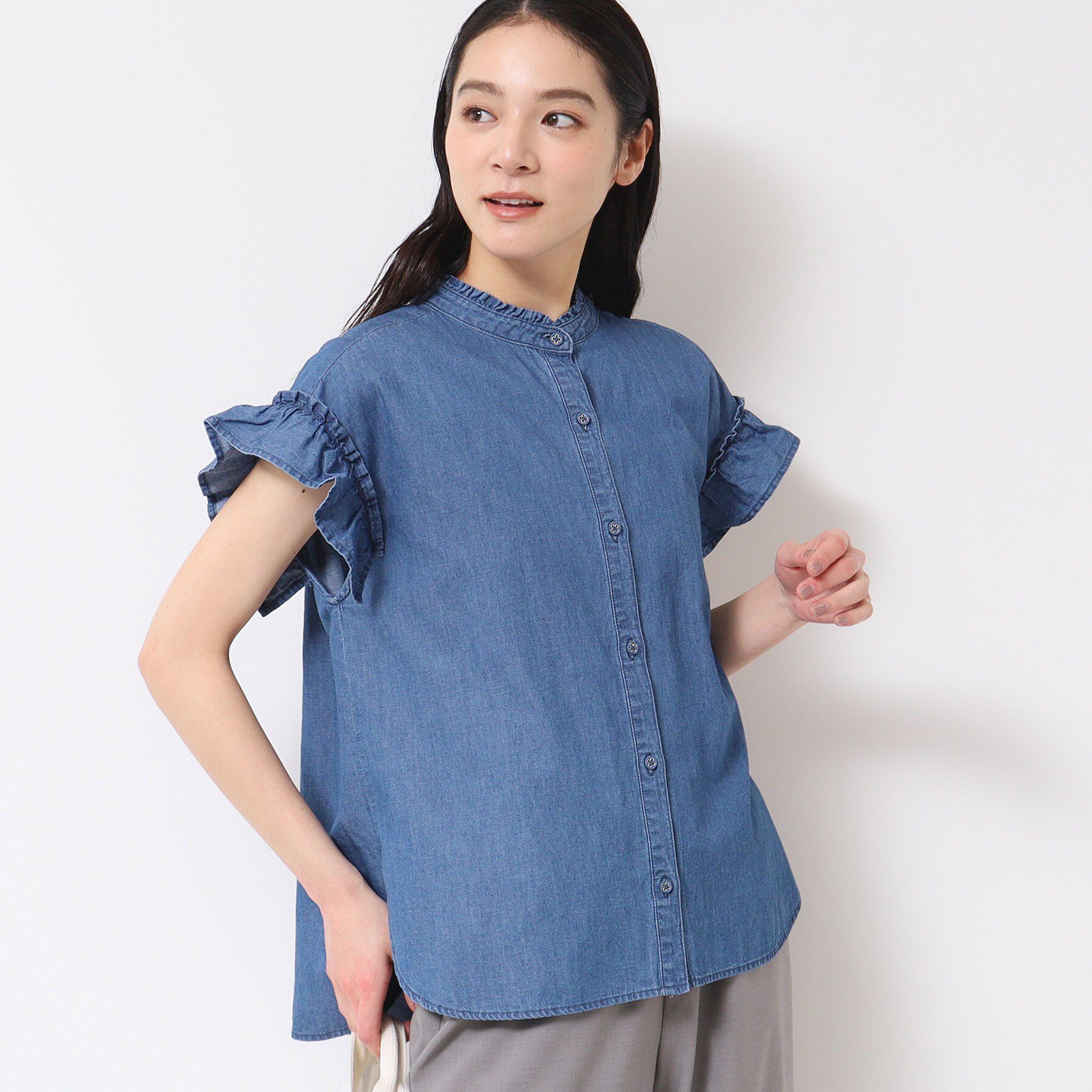 Dessin「【洗える】ギャザーフリル綿麻デニムブラウス」|シャツ・ブラウス|