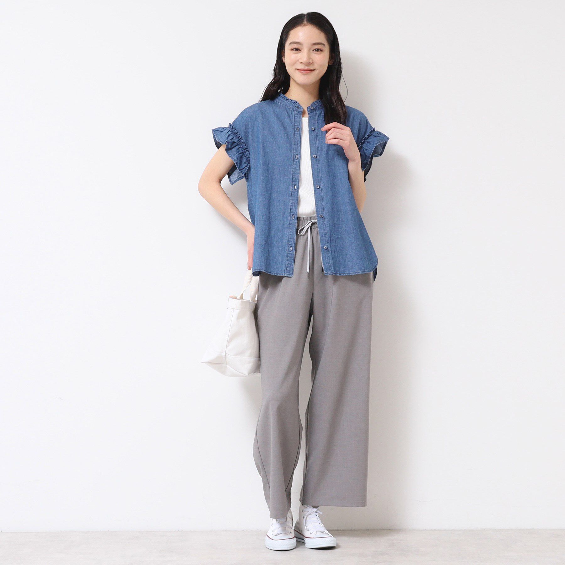 Dessin「【洗える】ギャザーフリル綿麻デニムブラウス」|シャツ・ブラウス|