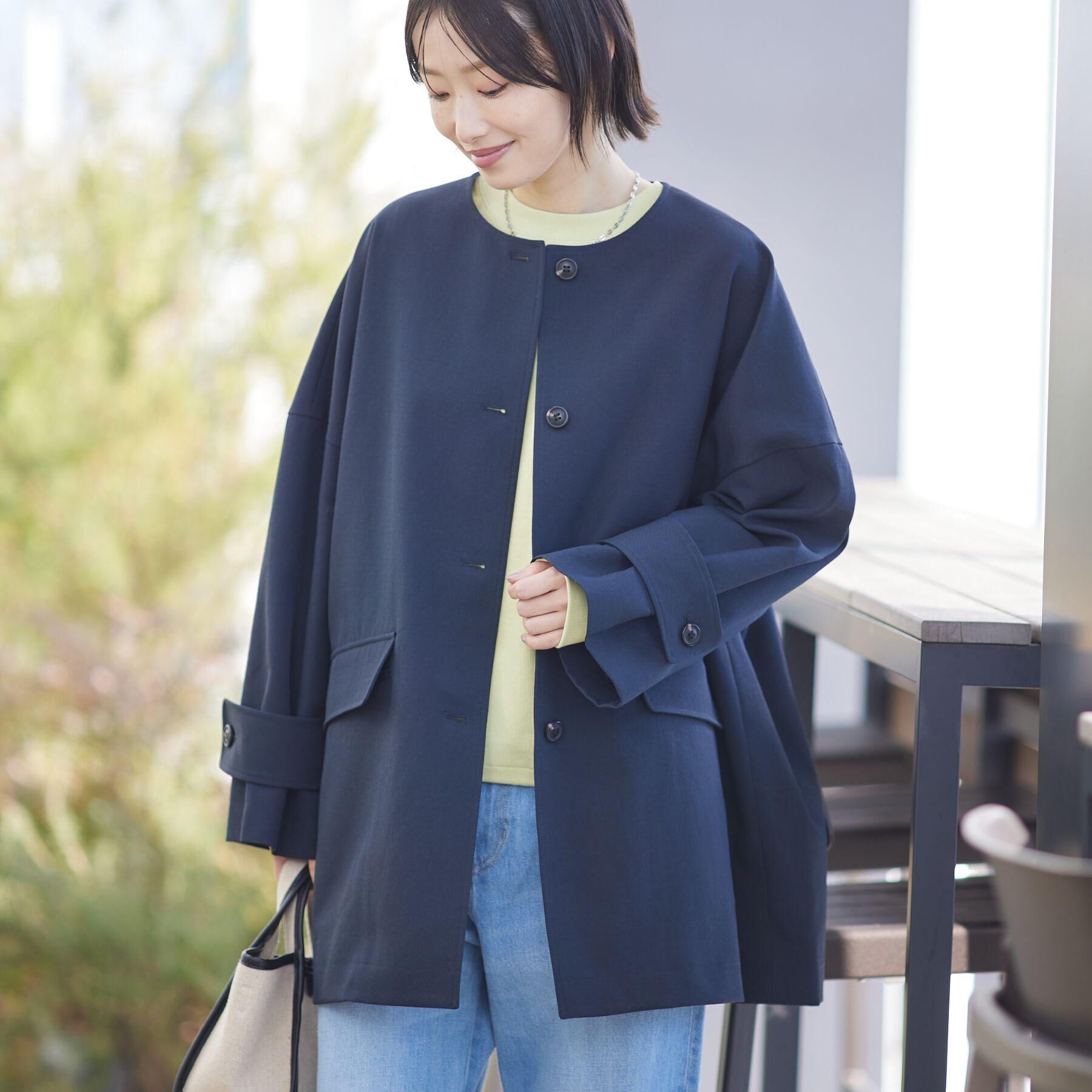 Dessin「【花粉ガード/撥水加工/洗える】クルーネックスプリングコート」|ノーカラーコート|