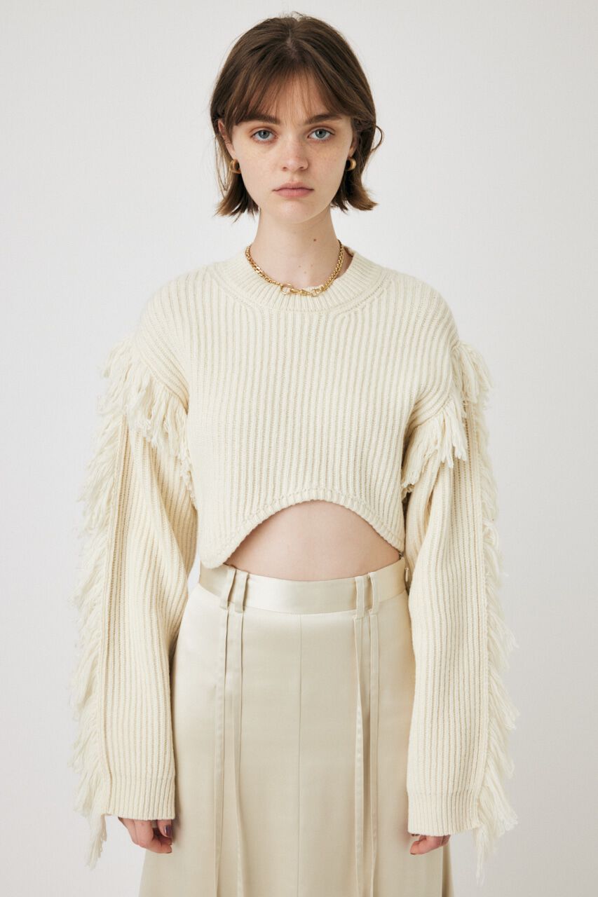 MOUSSY「IRREGULAR HEM CROPPED ニット」|ニット・セーター|O/WHT1