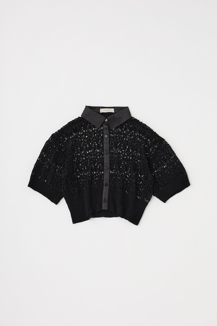 MOUSSY「吸湿､速乾性のある麻を使用したﾚｰｽ編みﾆｯﾄ 襟と前立てをｻﾃﾝで」|シャツ・ブラウス|