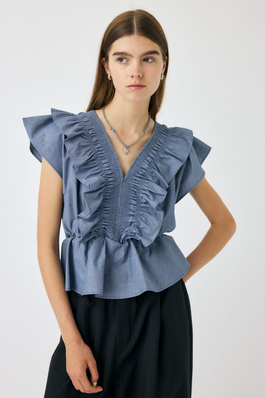 MOUSSY「SHIRRING RUFFLE PEPLUM トップス BLU」|その他|