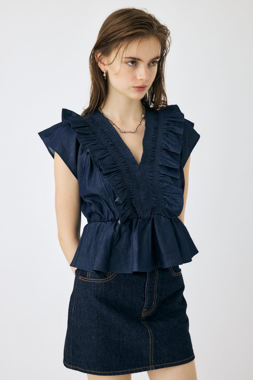 MOUSSY「SHIRRING RUFFLE PEPLUM トップス BLU」|その他|