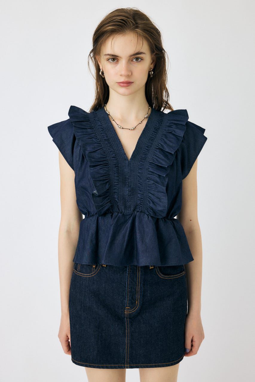 MOUSSY「SHIRRING RUFFLE PEPLUM トップス BLU」|その他|