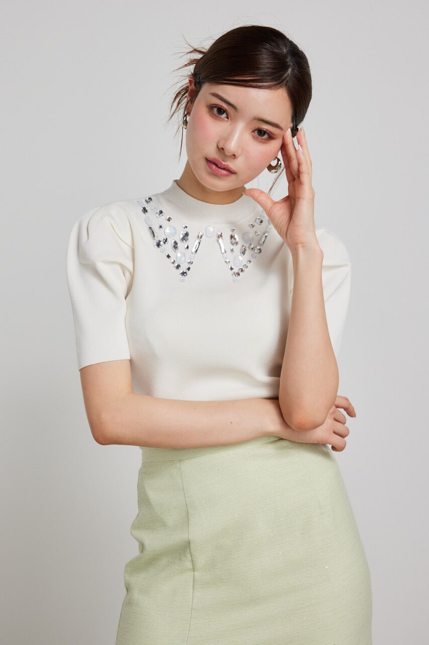 rienda「ビジューカラーハーフSLV Knit TOP」|ニット・セーター|