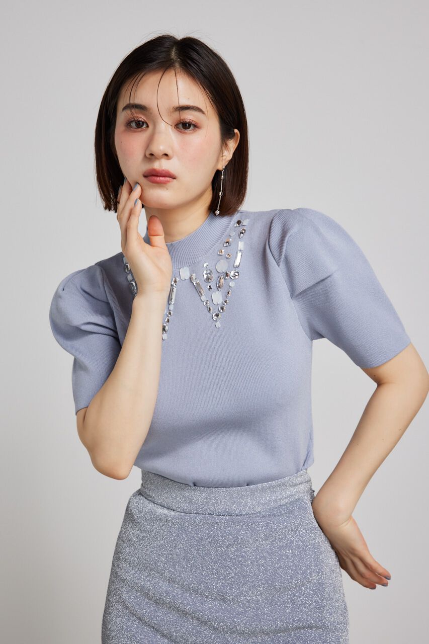 rienda「ビジューカラーハーフSLV Knit TOP」|ニット・セーター|L/BLU1