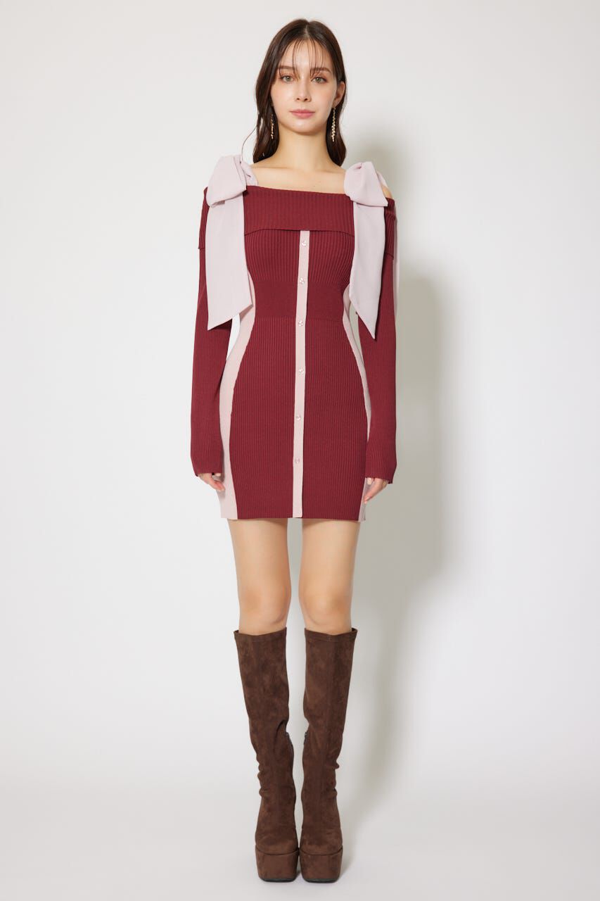 rienda「バイカラーオフショルリボンニットミニワンピース」|ワンピース|