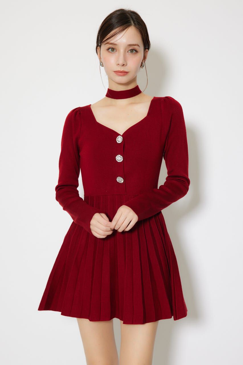 rienda「フロントビジュープリーツミニニットワンピース」|ワンピース|RED