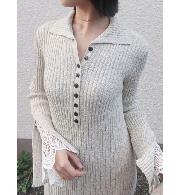 LAGUNAMOON「ラメブレンドレースカフスニットワンピース」|ワンピース|ベージュ