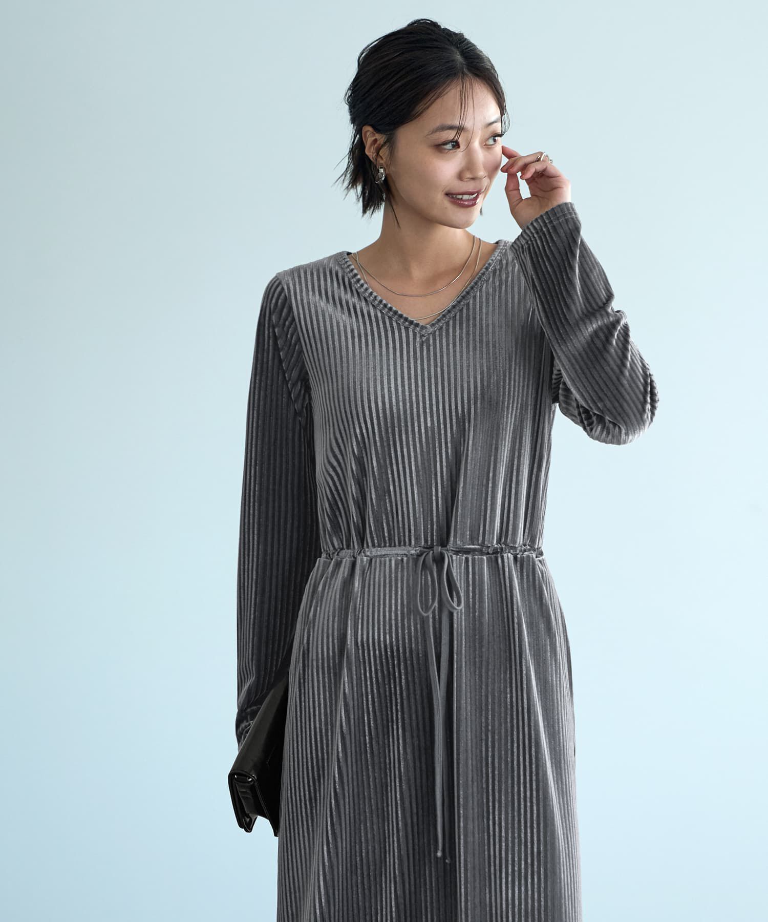 STYLE DELI「ストライプベロアワンピース」|ワンピース|グレー