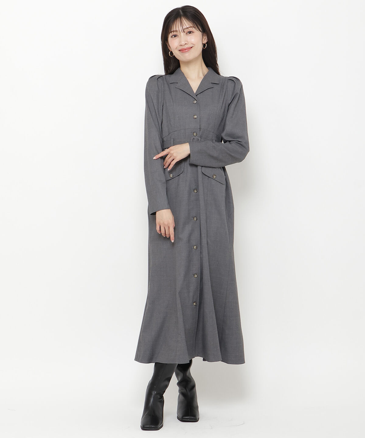 アンドクチュール「パワショルテーラーカラー長袖ワンピース」|ワンピース|グレー