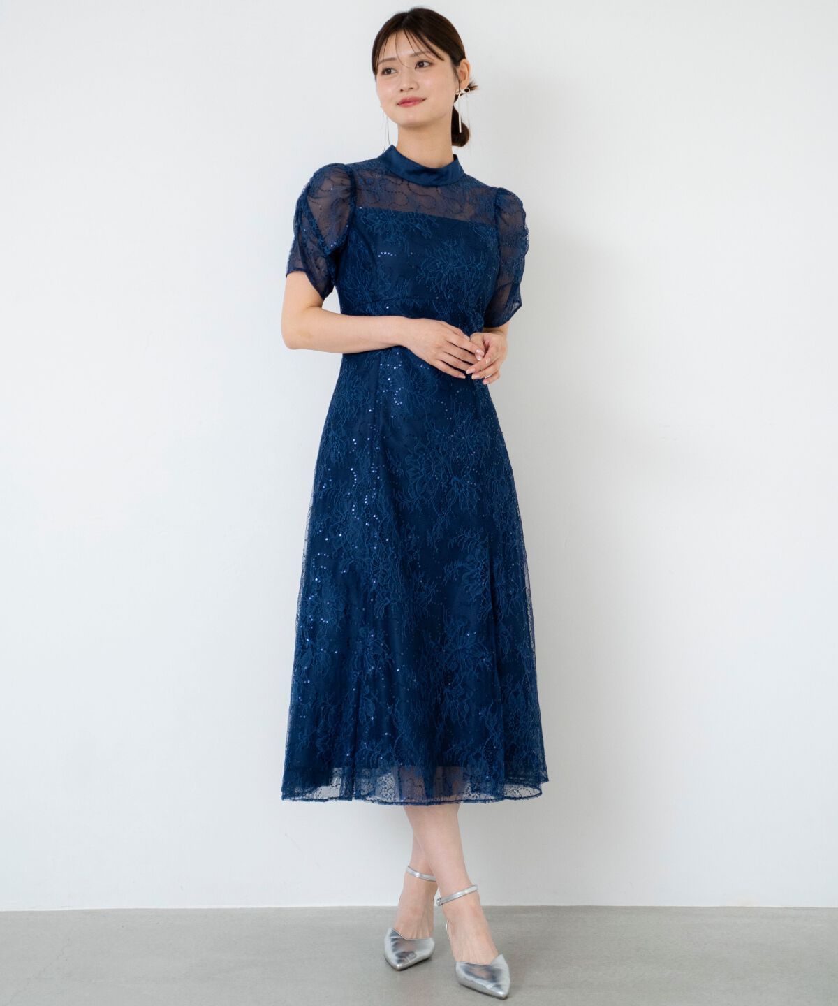 アンドクチュール「スパンコールラッセルレースドレス」|ドレス|ブルー