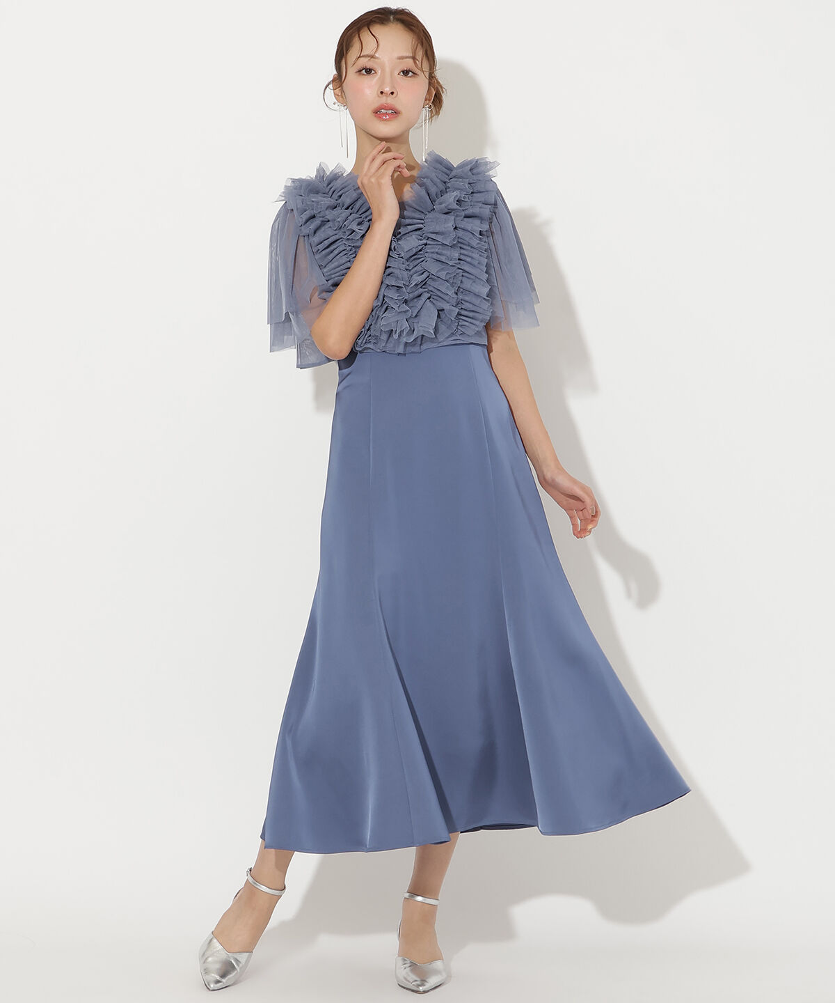 アンドクチュール「チュールフリルレイヤードドレス」|ドレス|ブルー