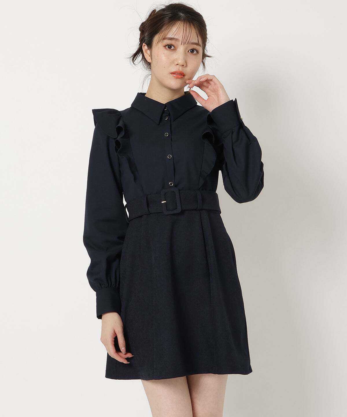 REDYAZEL「フリルシャツドッキングワンピース」|ワンピース|ネイビー