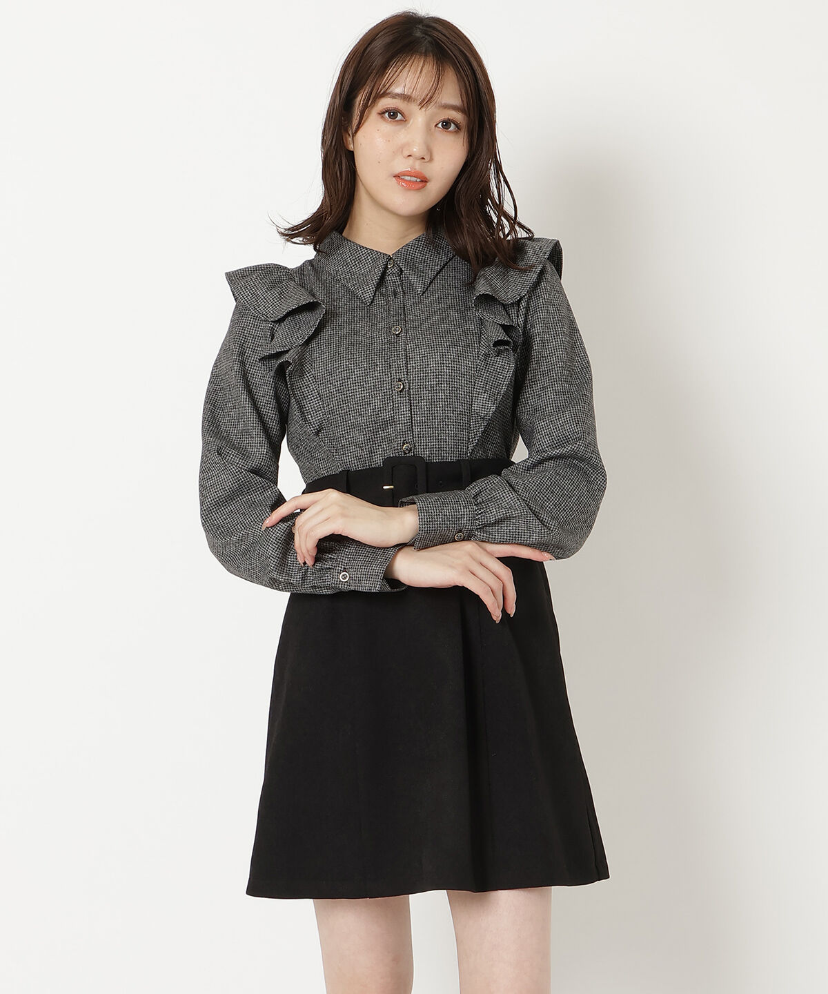 REDYAZEL「フリルシャツドッキングワンピース」|ワンピース|黒系チェック