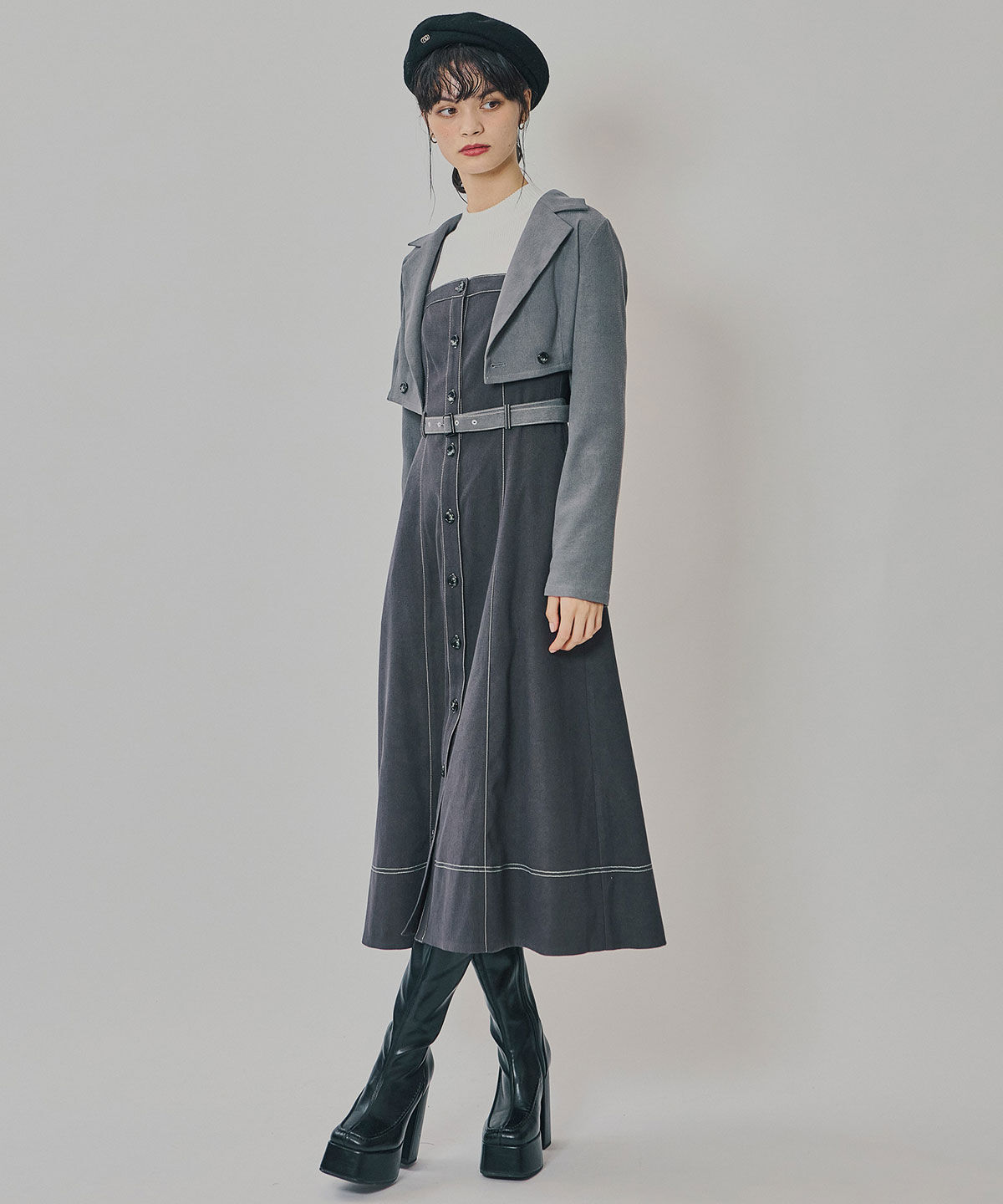 REDYAZEL「スエードライクショートジャケット&times;バイカラーワンピースセットアップ」|ワンピース|