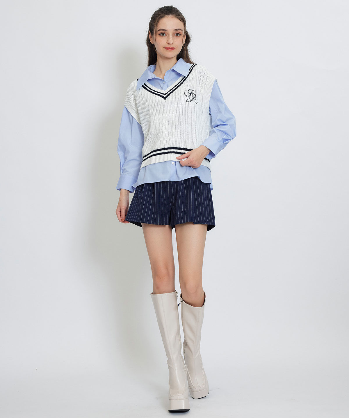 REDYAZEL「カレッジライクラインベスト&times;シャツブラウス」|ニット・セーター|