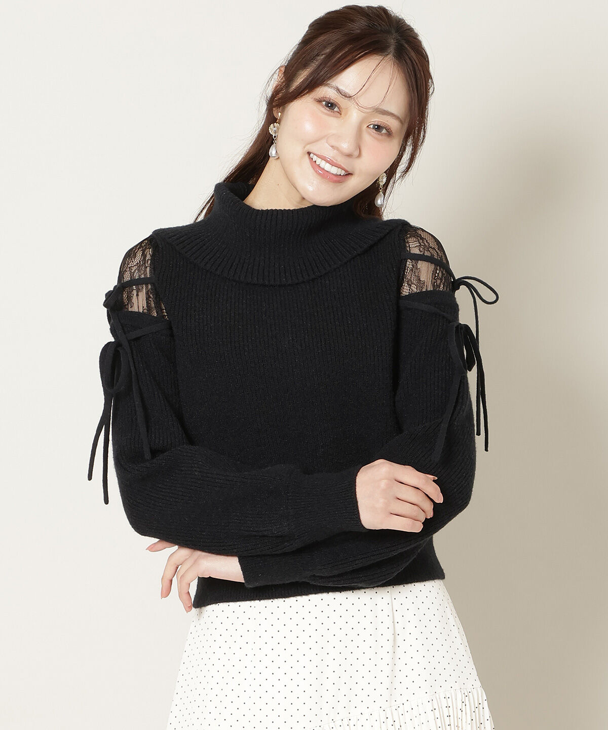WILLSELECTION「レースショルダーオフタートルニット」|ニット・セーター|ブラック