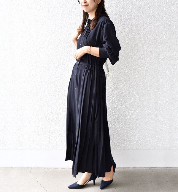 SHIPS for women「【WEB限定】〈手洗い可能〉ドット / 花柄 バンドカラー サイド プリーツ ワンピース」|ワンピース|