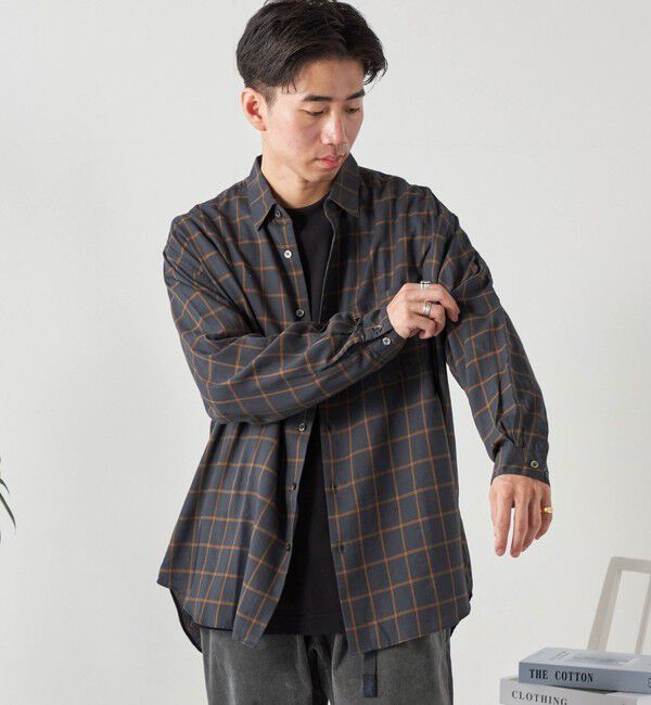 SHIPS any「SHIPS any: オーバーサイズ レギュラーカラー チェック／ストライプ 長袖 シャツ◇」|シャツ・ブラウス|オリーブ