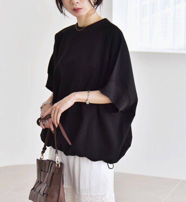 quaranciel「quaranciel:〈洗濯機可能〉ライト ポンチ ハーフスリーブ ドロスト ルーズ TEE」|Tシャツ・カットソー|ブラック