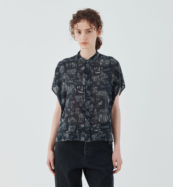 GALERIE VIE「LandScapeシルクストレッチ スタンドネックボックスシャツ」|シャツ・ブラウス|