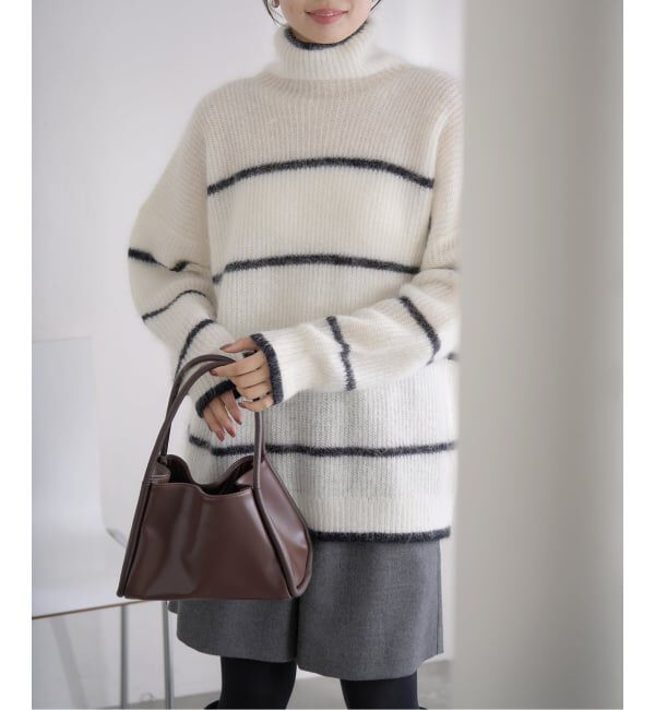 IENA「モヘヤミックスボーダーハイネックプルオーバー」|ニット・セーター|ナチュラル