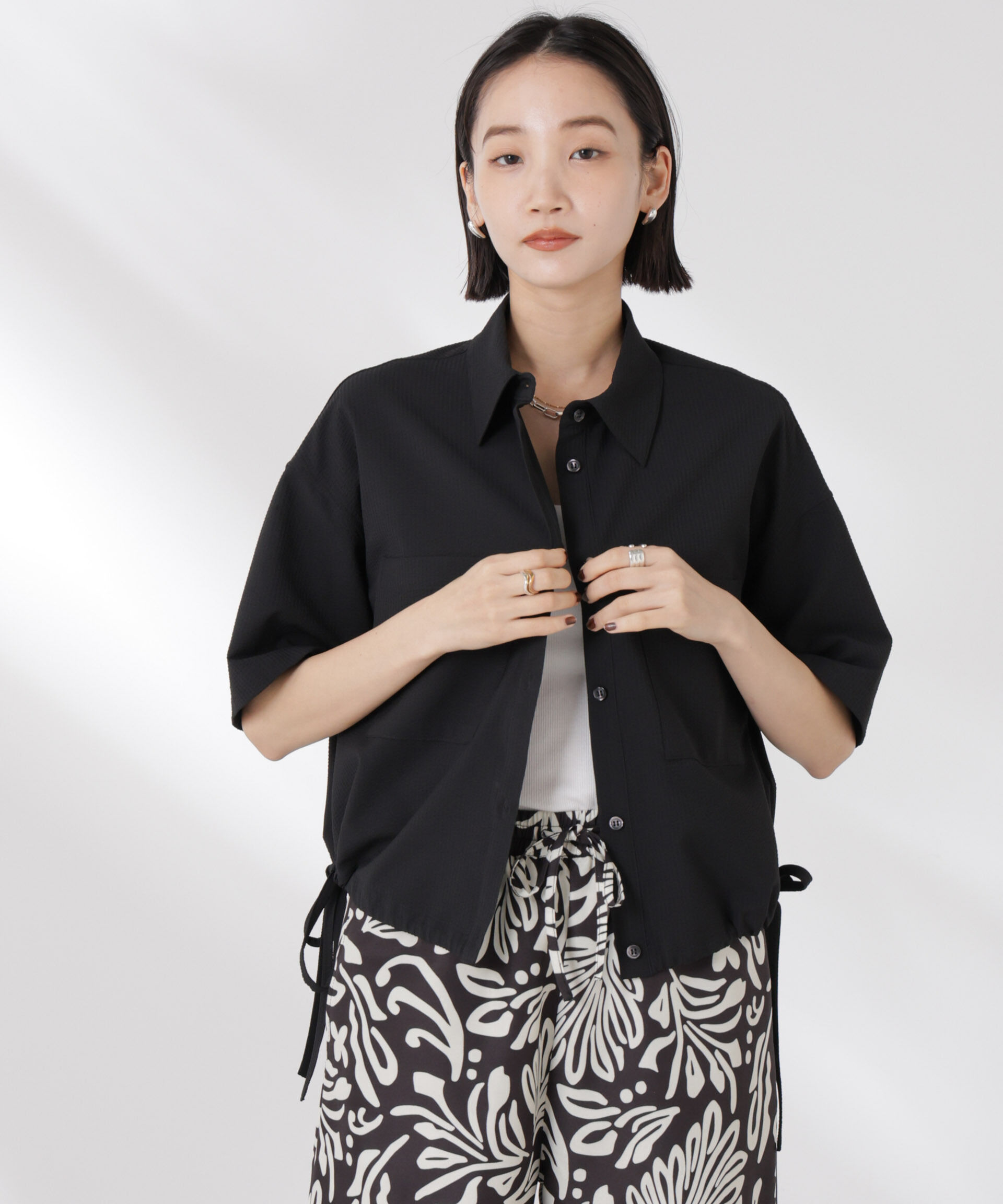 nano･universe「ドロストリボンヘムクロップドサッカーシャツ(セットアップ可)」|シャツ・ブラウス|