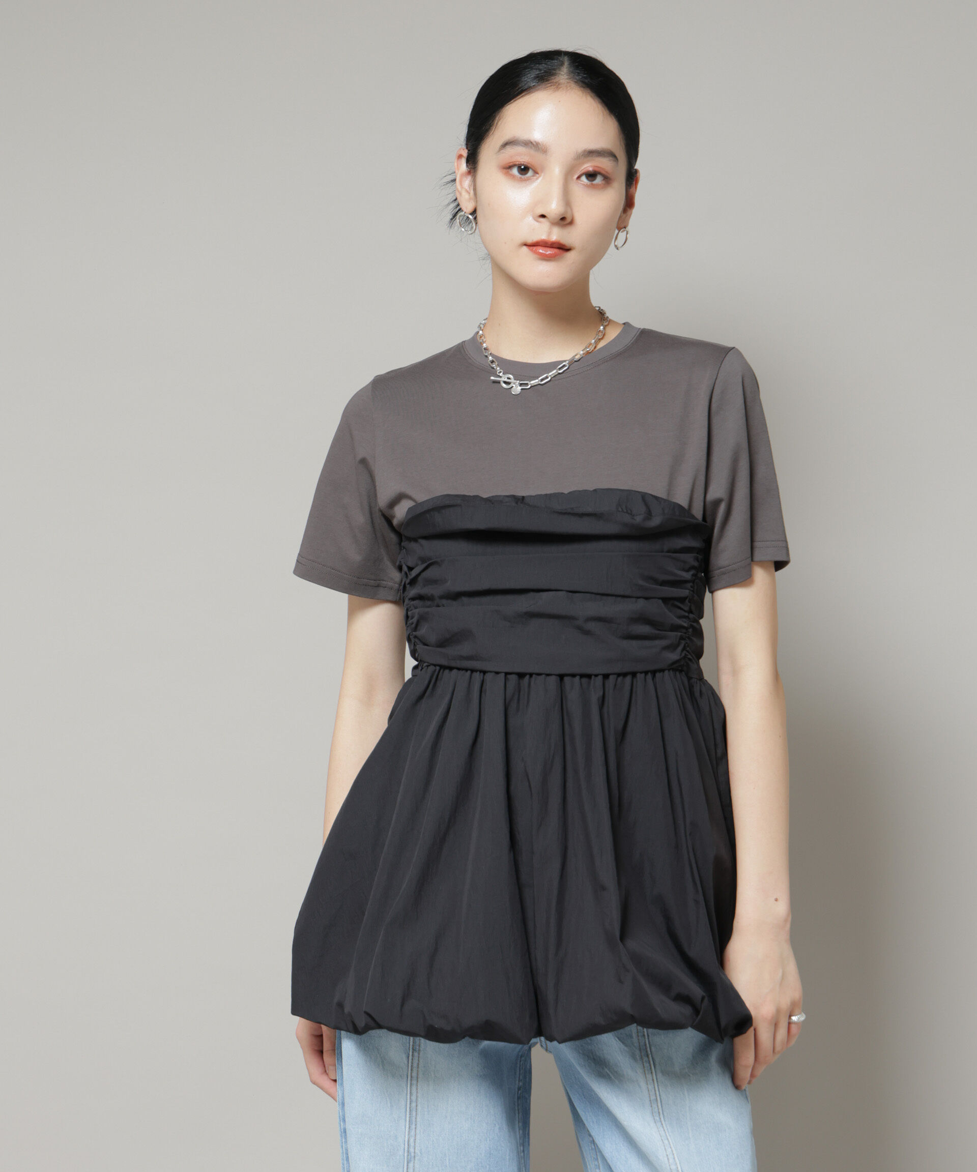 nano･universe「バルーンビスチェドッキングトップス」|Tシャツ・カットソー|ブラック