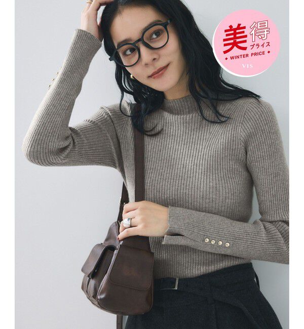 VIS「【美得】スリーブ釦アクセントリブニット/WEB限定FSサイズ・静電気防止」|ニット・セーター|グレー(07)