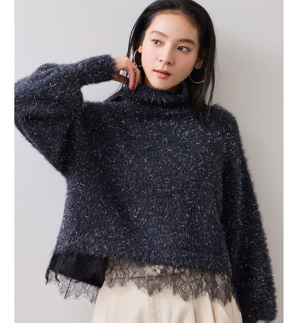 VIS「ラメフェザー裾レースハイネックニット」|ニット・セーター|ネイビー(40)