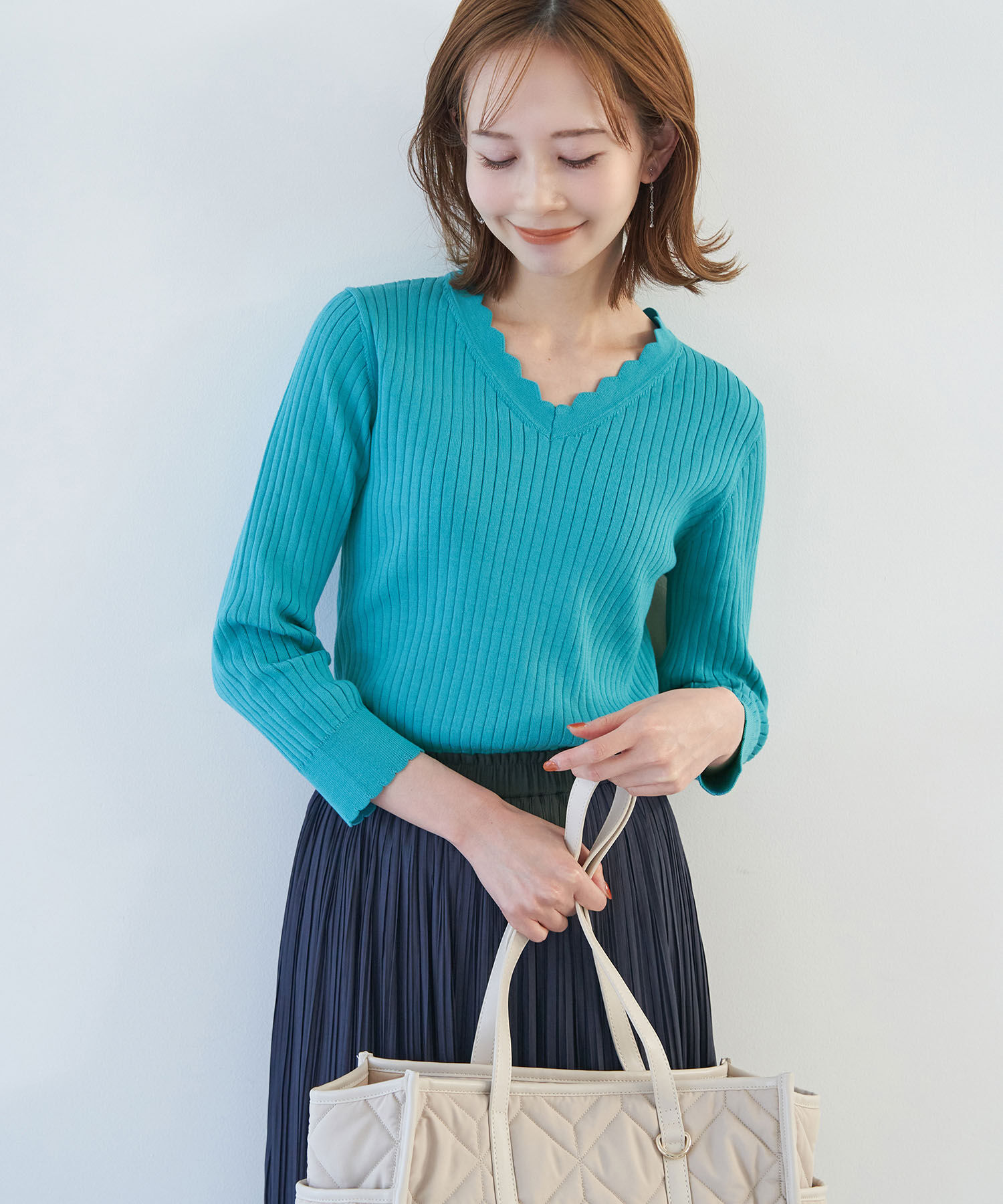 Rope&rsquo;Picnic「オーガニックスイスコットン7分袖ニットプルオーバー」|ニット・セーター|ブルー系(45)