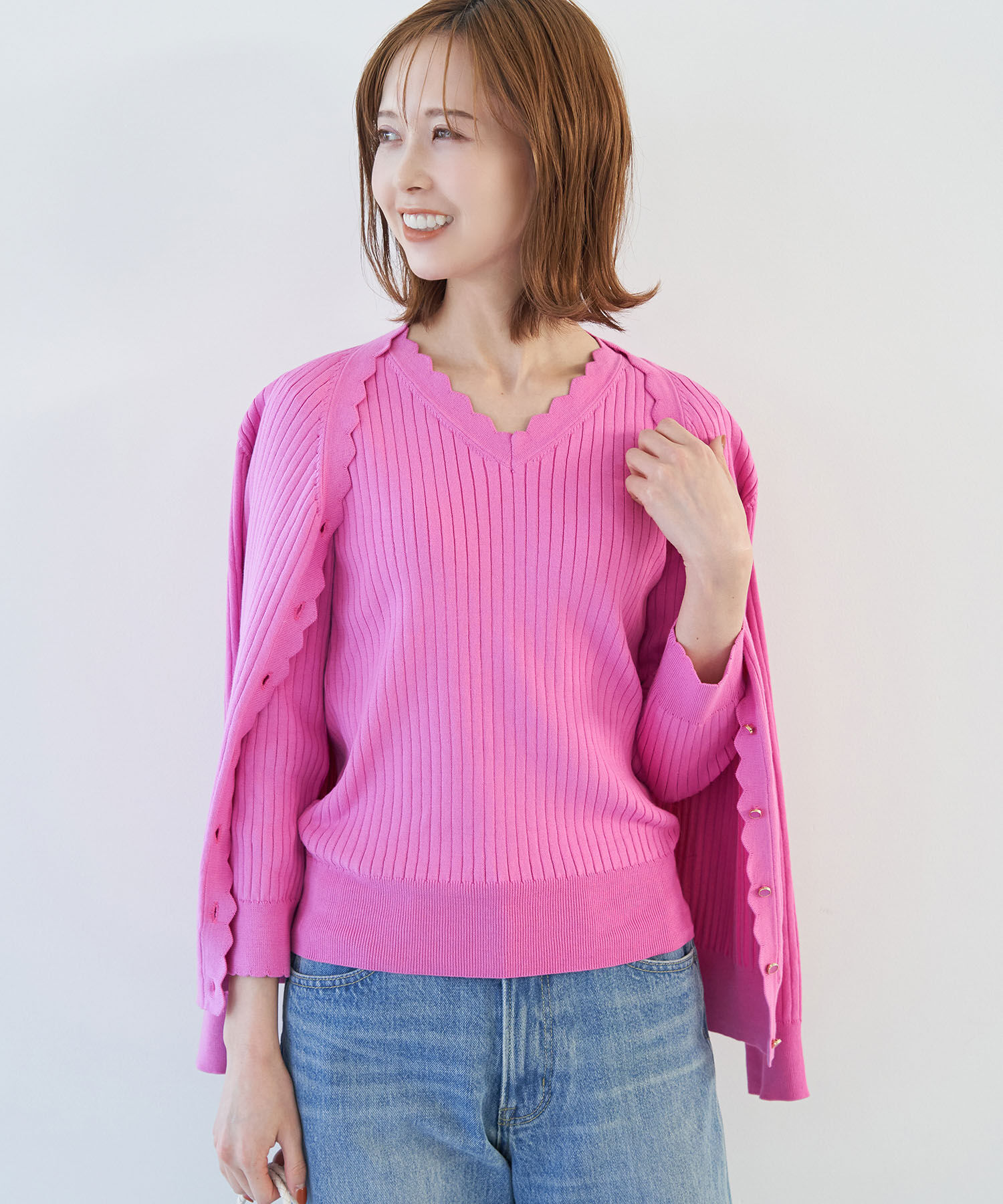 Rope&rsquo;Picnic「オーガニックスイスコットン7分袖ニットプルオーバー」|ニット・セーター|ピンク(63)