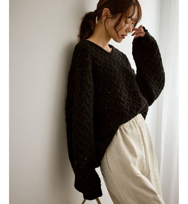 Rope&rsquo;Picnic「ミニフラワースパンコールニット」|ニット・セーター|ブラック(01)