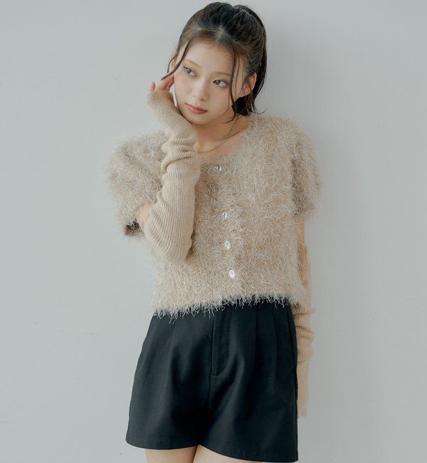  「リブアームウォーマー付シャギー半袖ニット」|ニット・セーター|