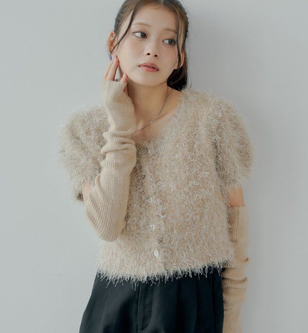  「リブアームウォーマー付シャギー半袖ニット」|ニット・セーター|ベージュ