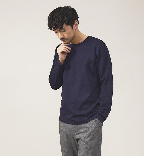 ABAHOUSE「【クルーネック】ポンチ 長袖 Tシャツ」|Tシャツ・カットソー|ネイビー