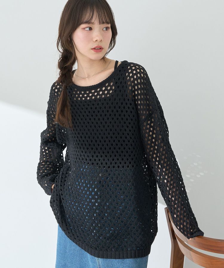 earth music&ecology「カラーメッシュプルオーバー」|チュニック|Black