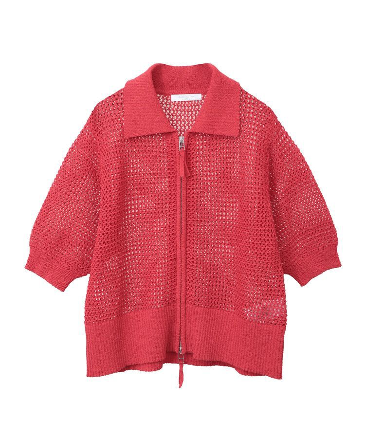 Green Parks「襟付きメッシュ編みZIPカーディガン」|カーディガン|