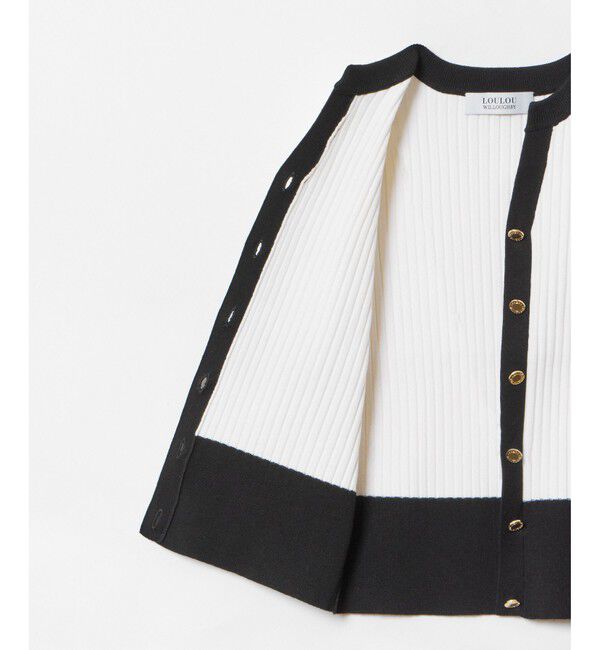 LOULOU WILLOUGHBY「【LOULOU WILLOUGHBY】バイカラーキーネック5分袖カーディガン」|カーディガン|
