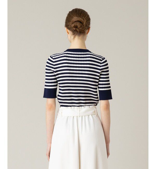 LOULOU WILLOUGHBY「【LOULOU WILLOUGHBY】バイカラーキーネック5分袖カーディガン」|カーディガン|